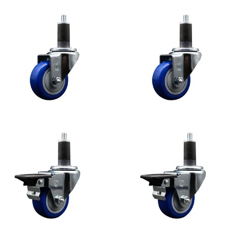Service Caster 3'' Blue Poly Wheel Swivel 1-1/4'' Expanding Stem Caster Set 2 Brakes, 4PK SCC-EX20S314-PPUB-BLUE-2-PLB-2-114